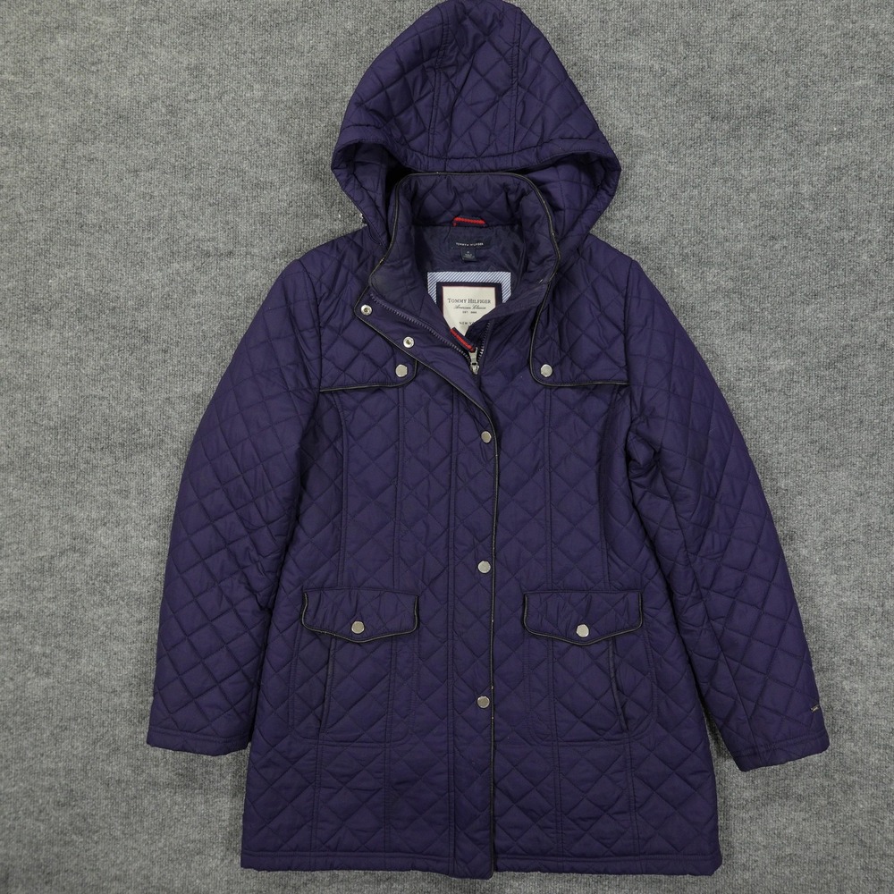 Tommy Hilfiger Jacket Women Medium Blue‎ Quilted Hooded Barn Coat Full Zip Snap